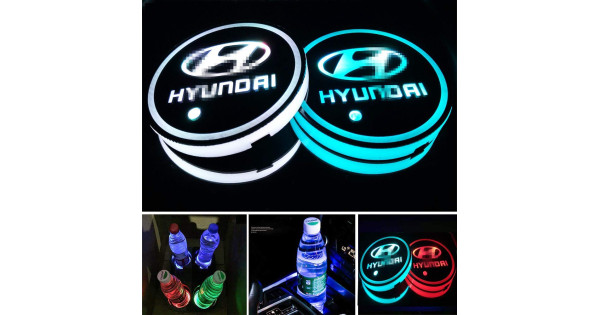 Car LED Logo Cup Holder 7 Colors Changing Atmosphere Lamp for Hyundai
