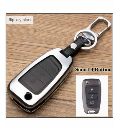 Car Flip Key Cover case fob for Base Model Hyundai Verna in Zinc Alloy Metal and Leather Black Color