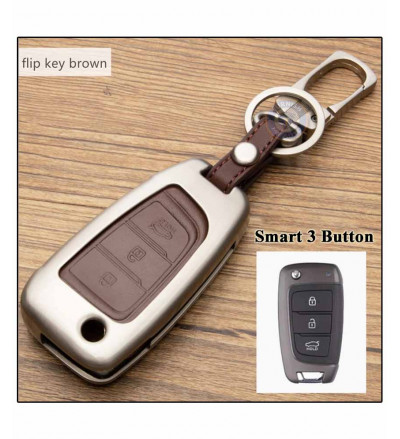 Car Flip Key Cover case fob for Base Model Hyundai Verna in Zinc Alloy Metal and Leather Brown Color