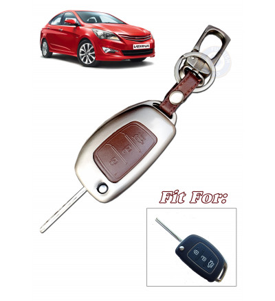 Car Flip Key Cover case fob for Old Model Hyundai Verna in Zinc Alloy Metal and Leather Brown Color