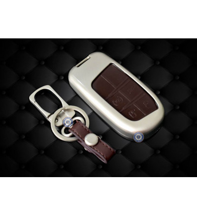 Car Remote Key Cover Case Fob In Zinc Alloy, Chrome and Leather for Jeep Compass in Brown Color
