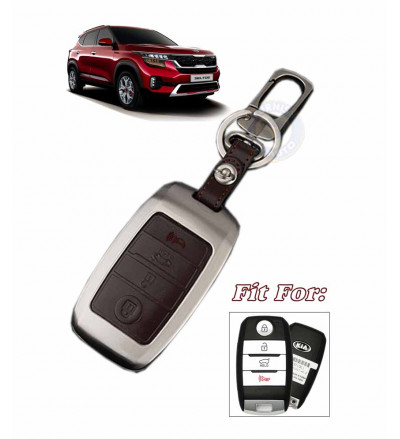 Car 4 Button KEYLESS Remote Key Cover case fob for Kia Seltos in Zinc Alloy and Leather Brown Color