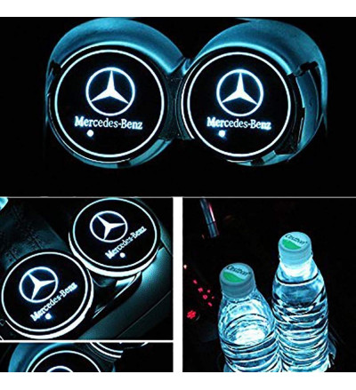 Car Interior LED Coaster Logo Cup Holder 7 Colors Changing Atmosphere Lamp for Mercedes-Benz (Set of 2 Pcs)