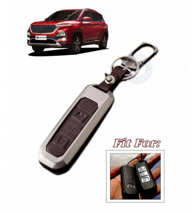 Car 3 Button KEYLESS Remote Key Cover case fob for MG Hector in Zinc Alloy and Leather Brown Color