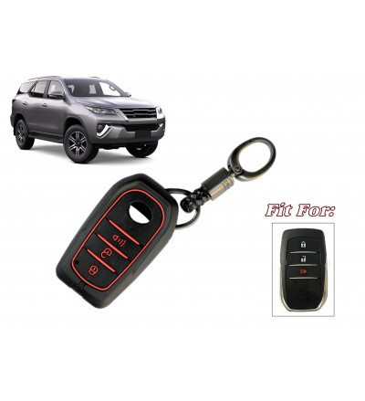 Car 3 Button Zinc Alloy KEYLESS Key Cover Case Fob for Toyota Fortuner (2016 Model) in Metal Black with Radium Red Color