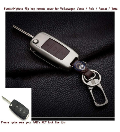 Flip Key cover case fob for BASE MODEL Volkswagen Passat in Zinc alloy Metal and leather Brown color